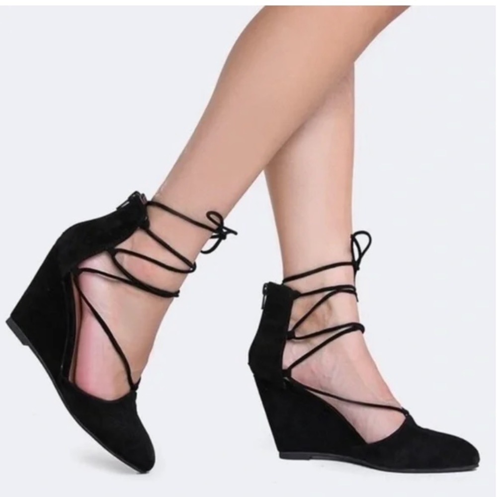 Jeffrey Campbell | Anthropologie Ouvere Black Suede Strappy Wedge Heels, Size 8 - Picture 1 of 8